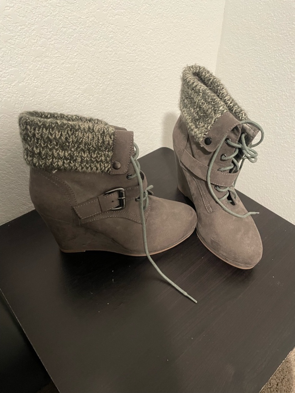 JustFab Taupe Knit-Cuff Wedge Ankle Boots